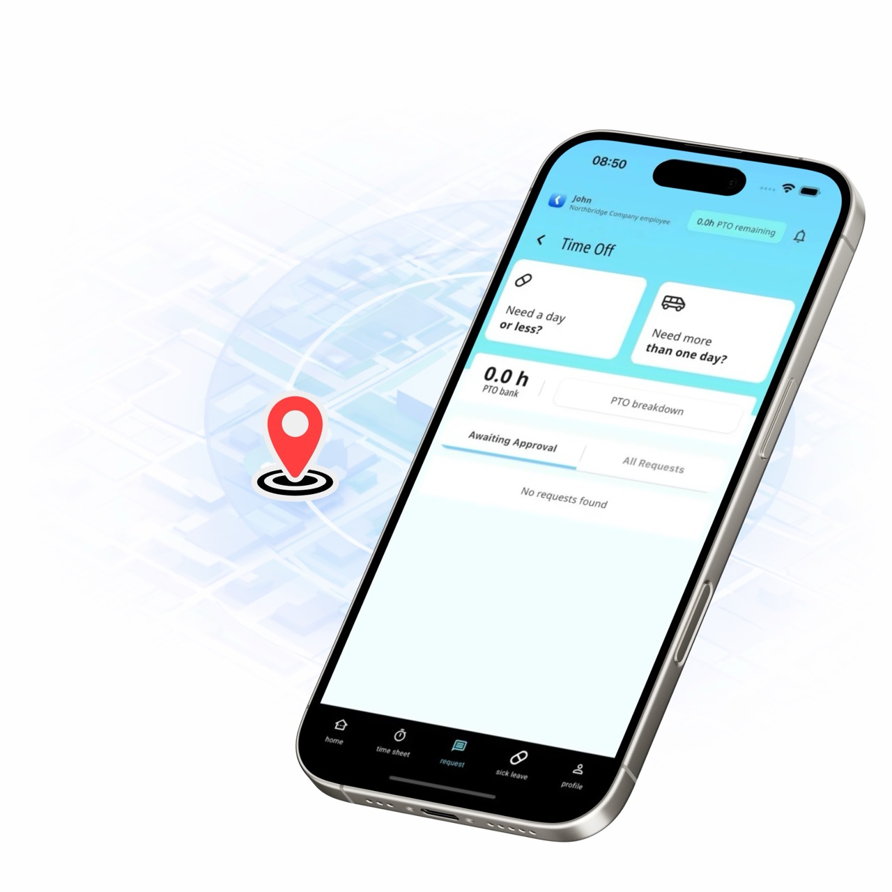 Hand holding a smartphone showing a clear 'Approve' and 'Deny' interface for a PTO request with employee details